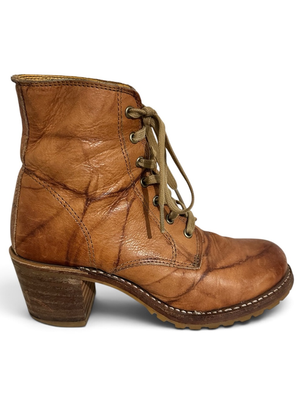 FRYE Sabrina 6G Cognac Brown Leather Lace Up Combat Boots